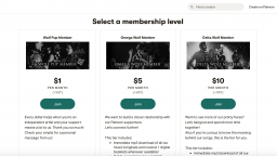 Screengrab of Patreon with, with examples of types of membership levels.